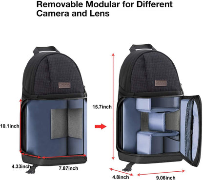 Camera Sling Bag, Dslr/Slr/Mirrorless Camera Backpack Case Shockproof Photography Backpack with Tripod Holder & Removable Modular Inserts Compatible with Canon/Nikon/Sony/Fuji